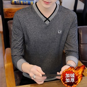 冬季加厚保暖防寒套头长袖男卫衣男商务V领打底衫卡其9632加绒图片