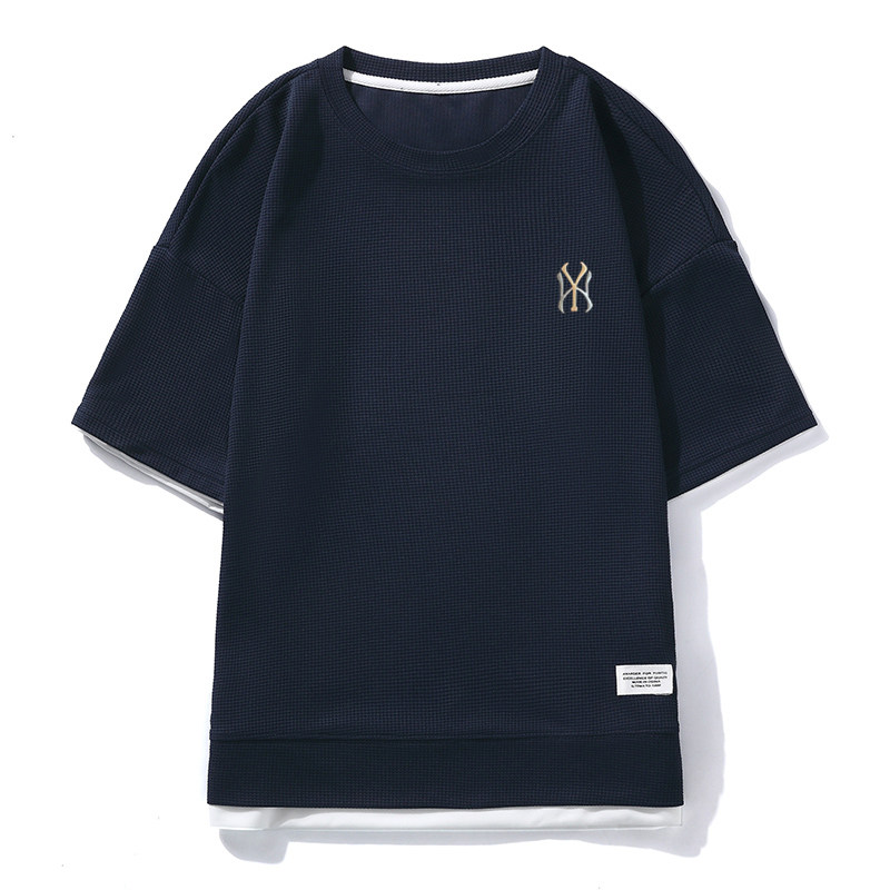 夏季透气N刺绣华夫格短袖男半袖五分袖宽松落肩款简约藏青8560P22，男装T恤，星座1207