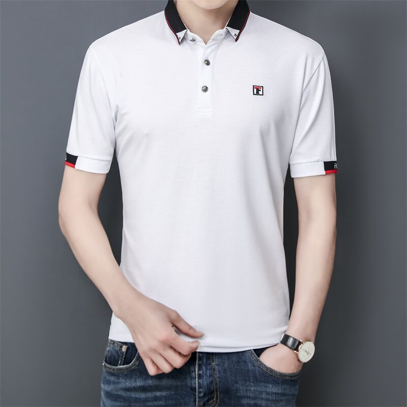 夏季棉短袖Polo衫领三角t恤男修身百搭时尚精神商务绅士白9577P40图片