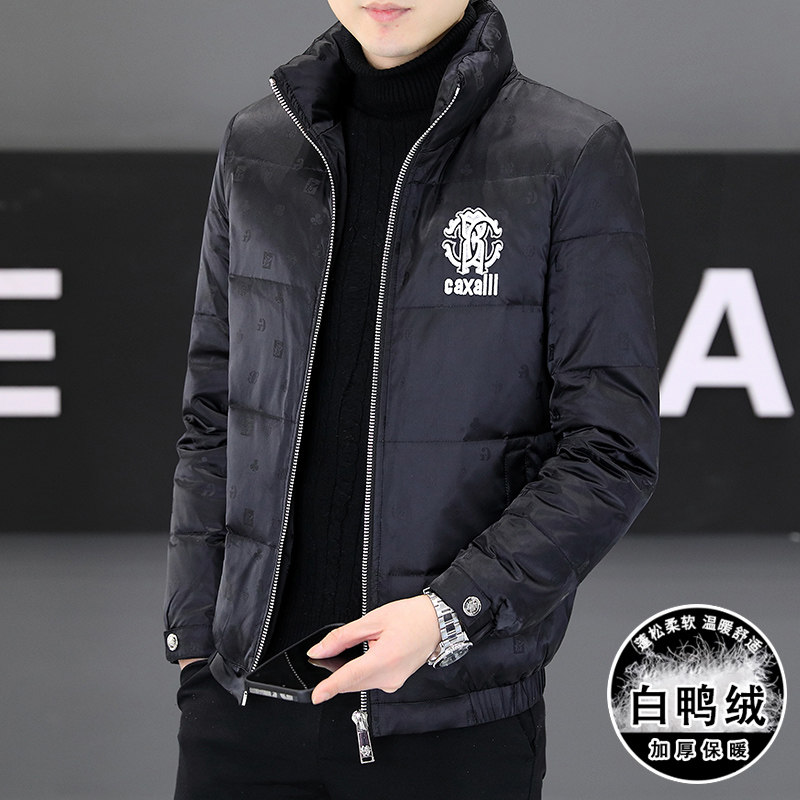 冬简欧羽绒服暗花刺绣亮面90%白鸭商务立领厚外套黑Y9181P280图片
