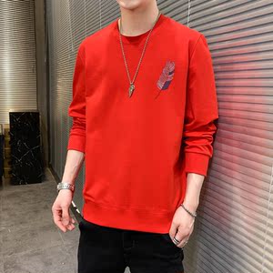 春季长袖棉卫衣男纯色国风刺绣羽毛港风情侣大码宽松红色9678P30图片