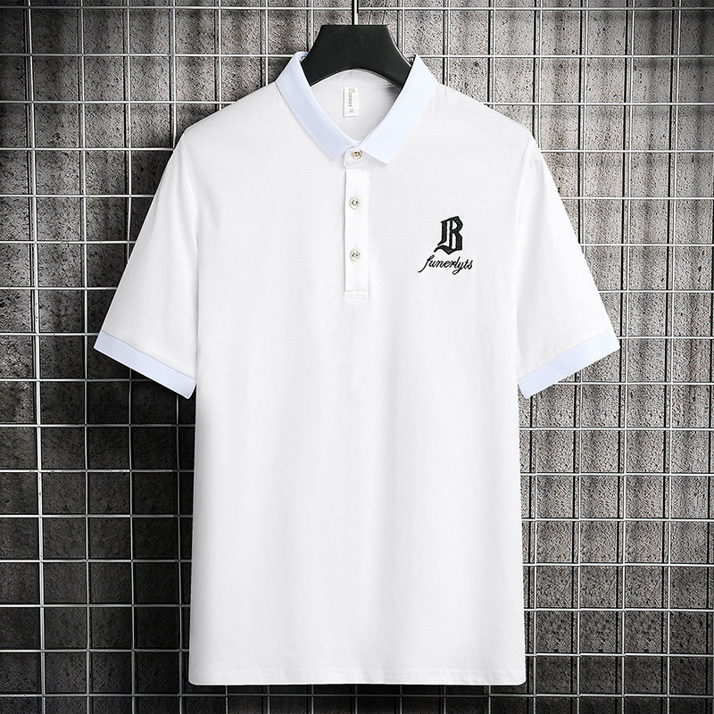 夏季短袖棉POLO衫男衬衫领扣子翻领T恤英文商务刺绣韩版白8542P26图片