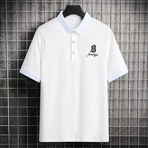 夏季短袖棉POLO衫男衬衫领扣子翻领T恤英文商务刺绣韩版白8542P26图片