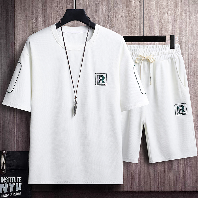 夏季透气运动休闲套装宽松落肩短袖短裤华夫格R圆领刺绣白9332P45，商品下架区商品下架区，星座1207