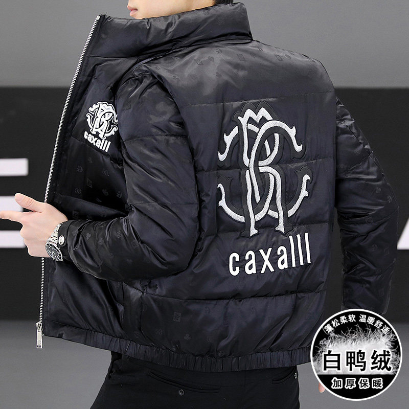 冬简欧羽绒服暗花刺绣亮面90%白鸭商务立领厚外套黑Y9181P280,男装羽绒服,星座1207