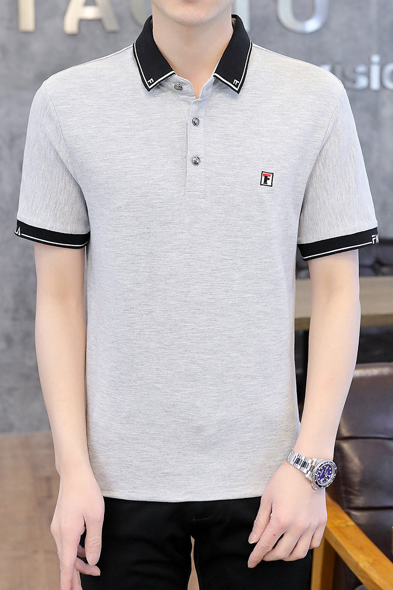夏季棉短袖Polo衫F字立领t恤男修身通勤精神商务绅士灰9578P40,男装Polo衫,星座1207