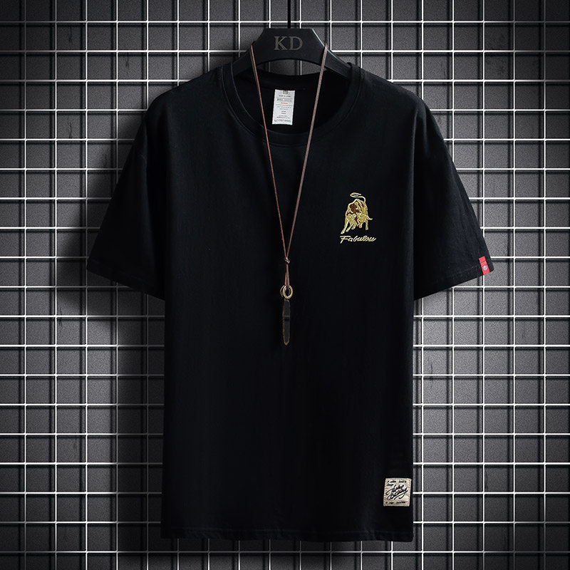 夏季短袖棉情侣牛圆领五分平铺刺绣落肩纯t恤大码微胖黑色9580，男装T恤，星座1207