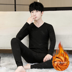 冬季保暖内衣套装男款AB面德绒提花V领双面绒时尚舒适黑色9357P50,保暖内衣,星座1207