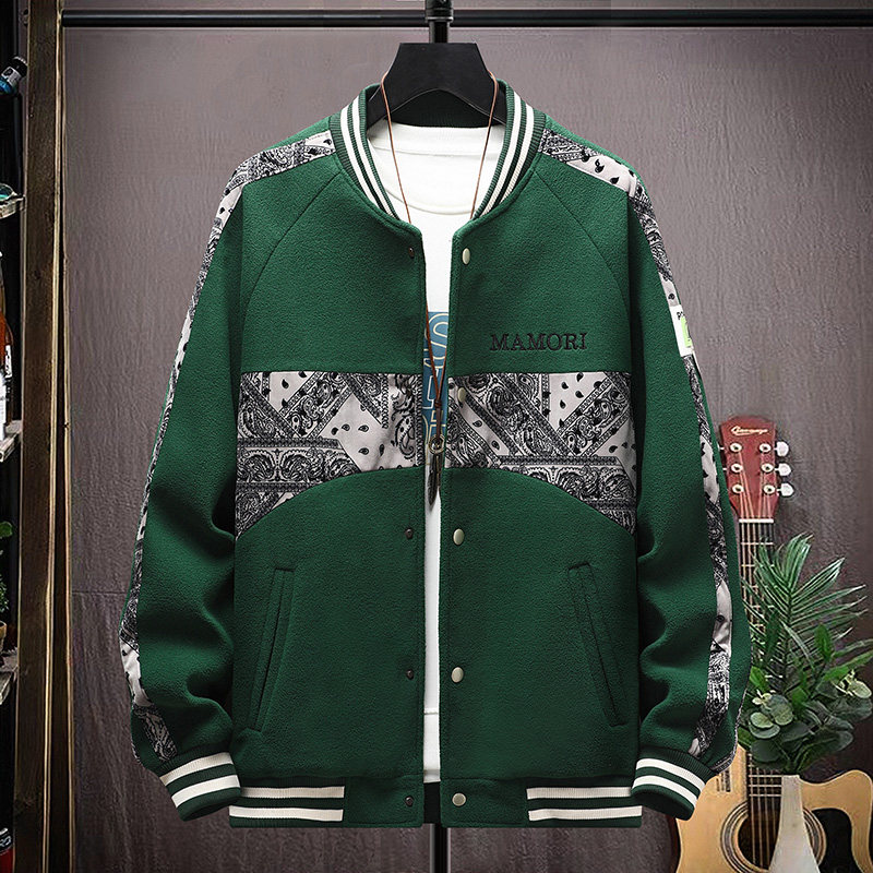 高质量直播颗粒绒拼接日系棒球服男夹克外套风衣棉服绿色9822P75图片
