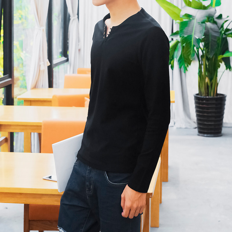 春季竹炭棉休闲V领扣子长袖男T恤卫衣韩版贴身修身舒适白色602P15,男装T恤,星座1207