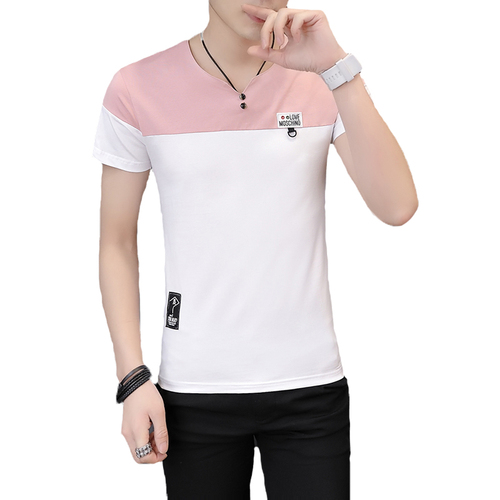 Summer Short Sleeve T-shirt Men's Sanitary Wardrobe Men's V-collar 2-button Splice Printed Permeable Cotton Sleeve