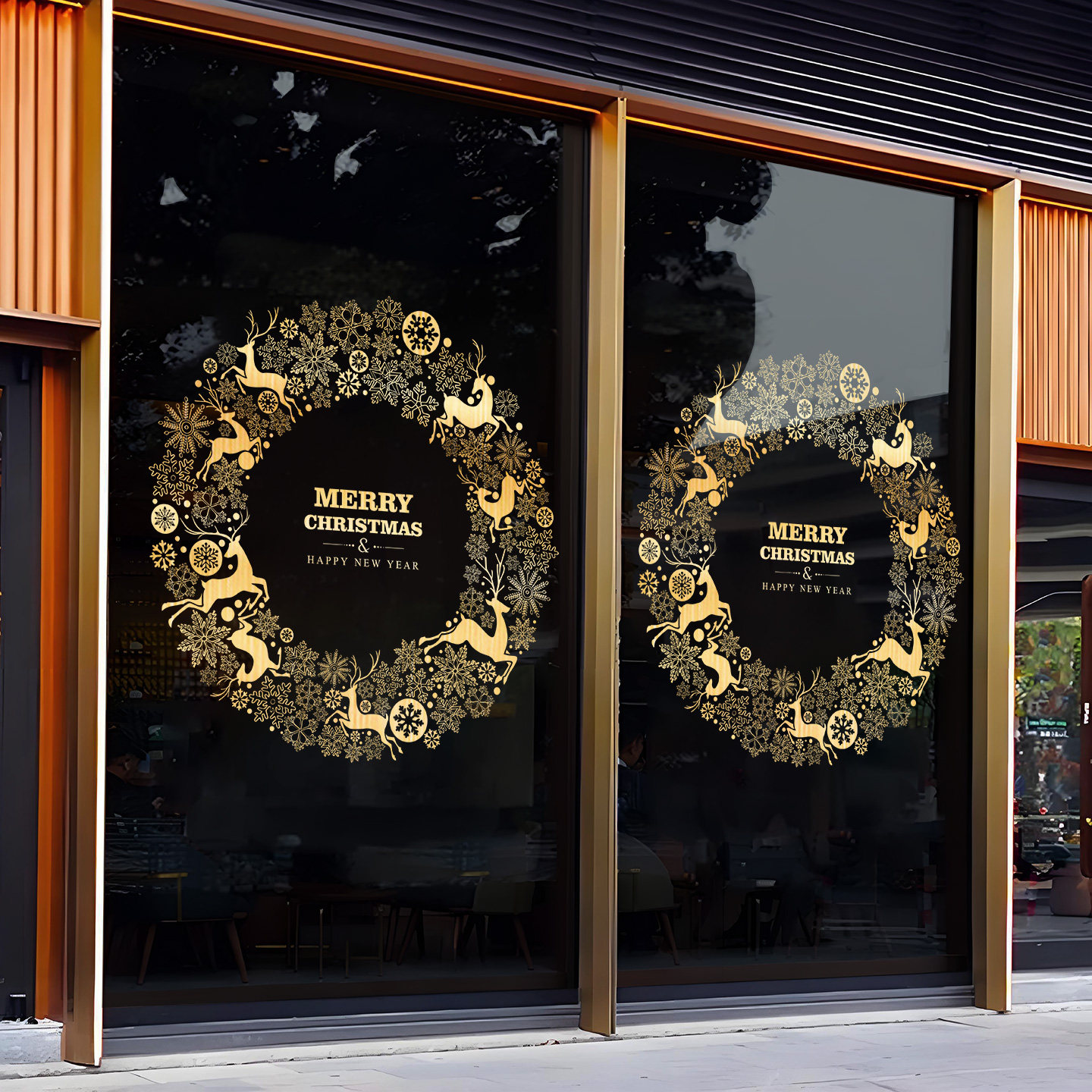 圣诞节装饰酒店氛围布置圣诞花环玻璃贴纸门店橱窗金色窗花静电贴