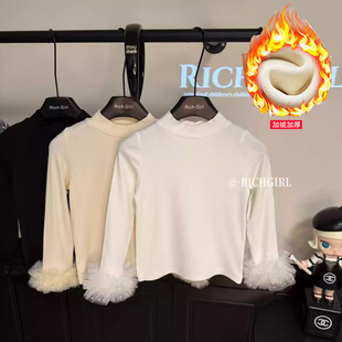 女童长袖T恤打底衣蕾丝花边打底衫2025洋气秋冬百搭时髦加绒上衣