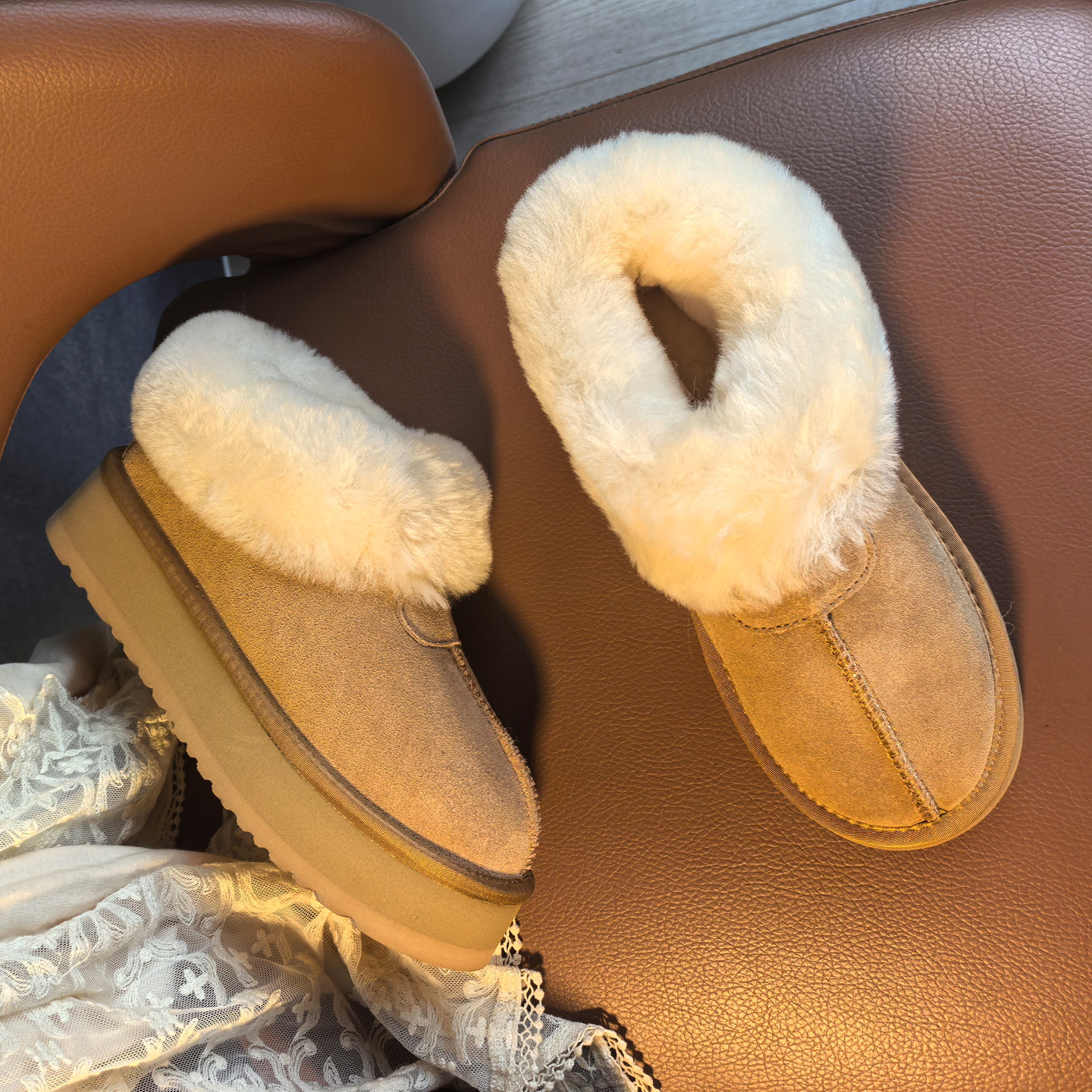 2025新款塔斯特真皮毛一体羊毛厚底短筒雪地靴桑坡村保暖女冬棉鞋