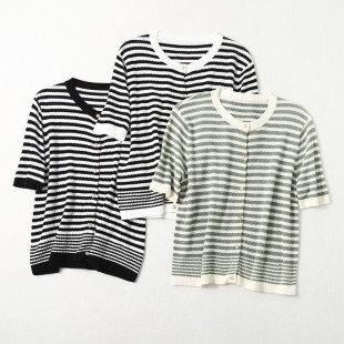 透气绢丝真丝 黑白拼撞色 条纹薄款 小圆领短袖空调衫 针织开衫女