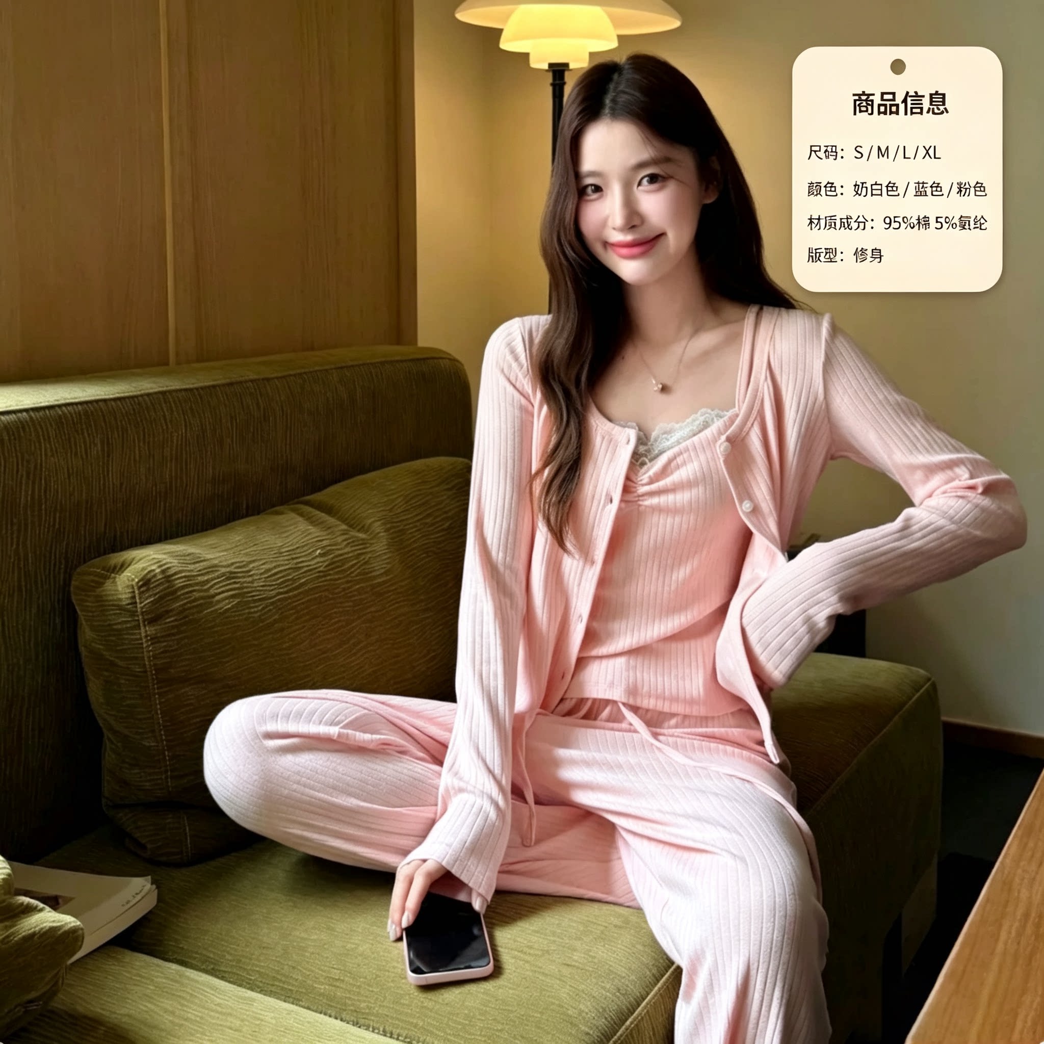 唯美胸垫版睡衣女春秋纯棉全棉高级坑条蕾丝边款长袖3件套