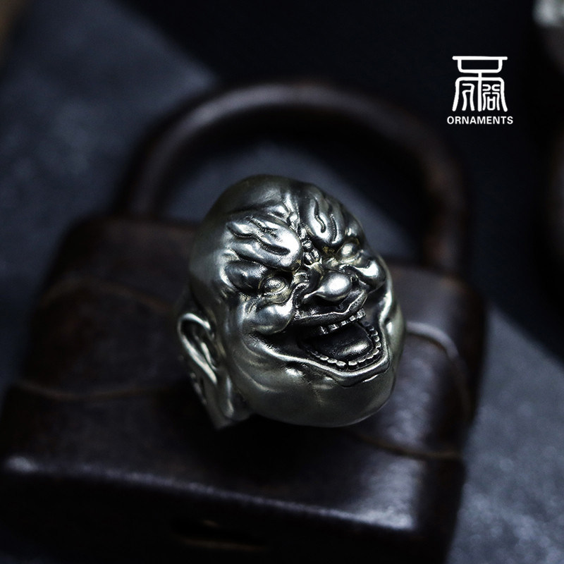 弥勒佛纯银摆件暗黑戒指环达摩