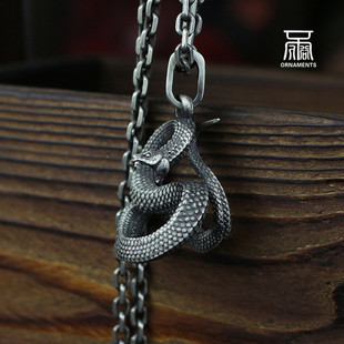 925纯银黄铜咆哮蟒蛇金花蛇吊坠动物情侣项链装饰挂件银饰钥匙扣