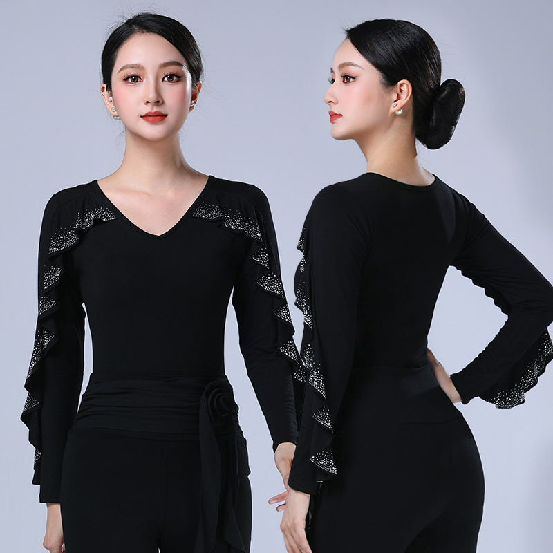 YX-870新款拉丁舞练功服女荷叶边舞蹈上衣摩登舞交谊舞服装V领