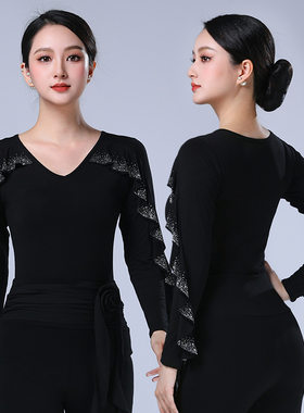 YX-870新款拉丁舞练功服女荷叶边舞蹈上衣摩登舞交谊舞服装V领