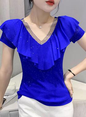 主播优选YX-053设计v领网纱短袖镂空镶钻修身显瘦小衫女舞服