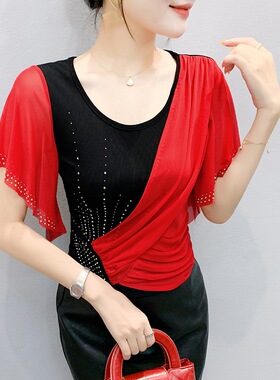 YX-819夏季新款网纱时尚撞色拼接重工荷叶边烫钻百搭短袖女上衣
