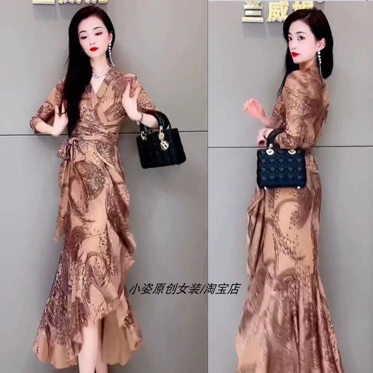 个性印花荷叶边鱼尾不规则连衣裙
