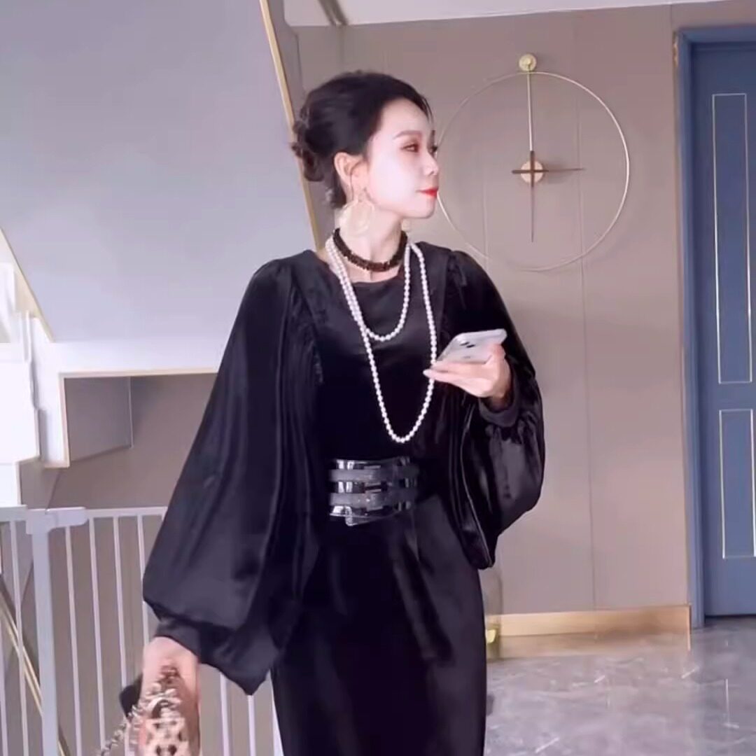 法式鱼尾长袖显瘦收腰连衣裙