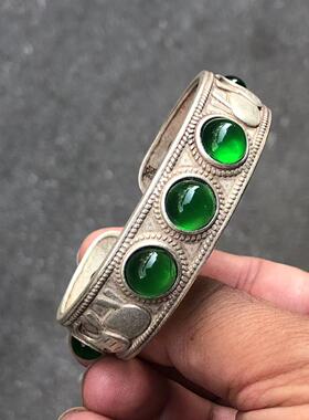 仿古做旧手镯藏银镶嵚开口手镯绿色蛋面手环女款镯子工艺品