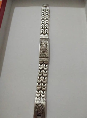 做旧白铜镀银苗族银手工雕刻招财进宝貔貅银链手链男人银饰手镯