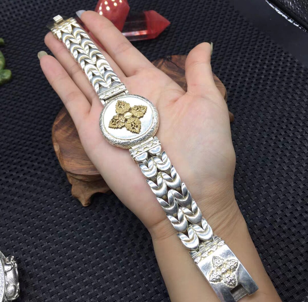 做旧白铜镀银苗族银手工雕刻银链手链男女霸气银饰手镯现货