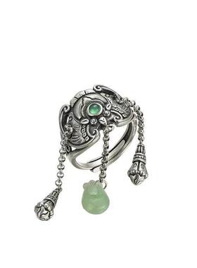 复古流苏镶嵌仿翡翠戒指男女古典民族风个性福气可调节设计感指环