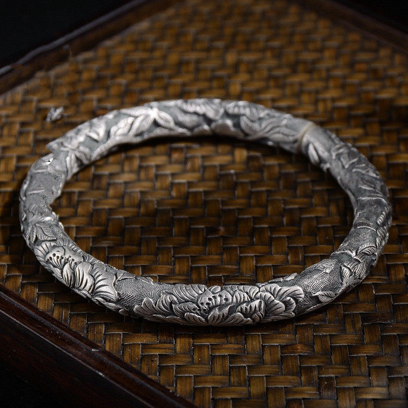 怀旧S999足银手镯复古个性牡丹花镯子圆柱喜鹊牡丹女士纯银情侣款