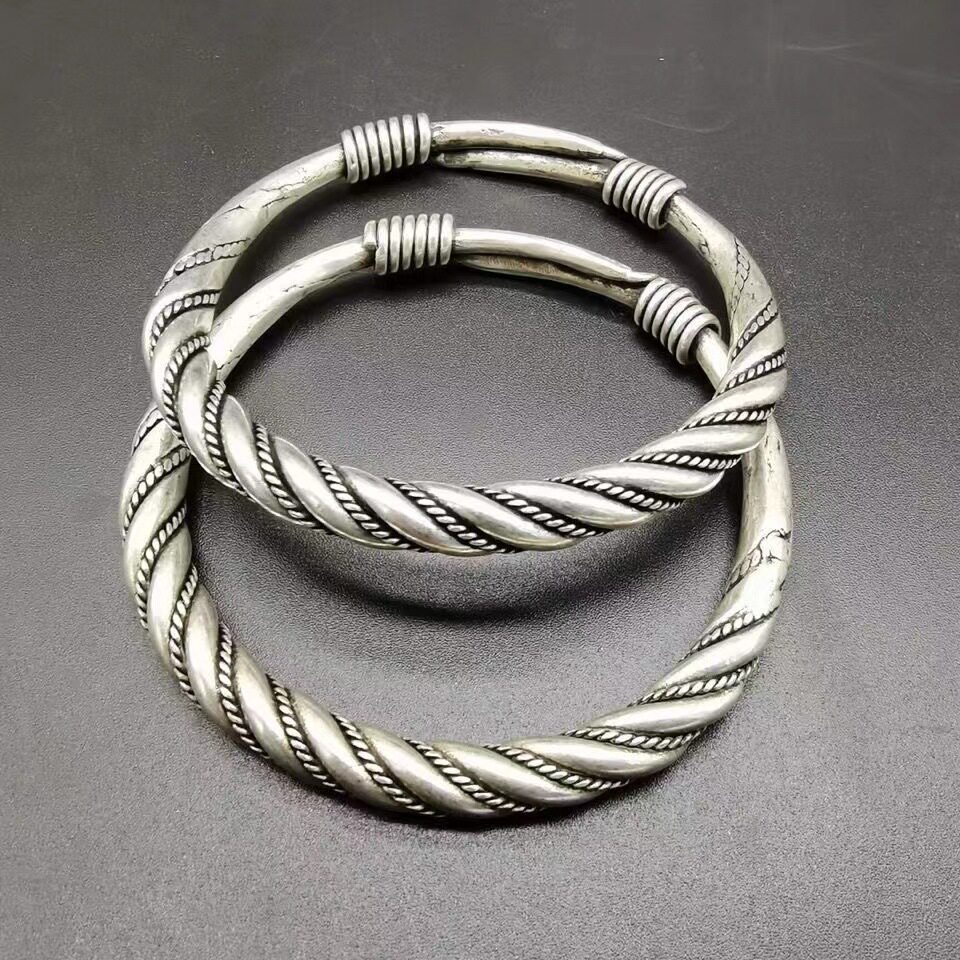 古玩杂项藏银苗银手镯 复古民族风麻花状白铜镀银手镯工艺品批发