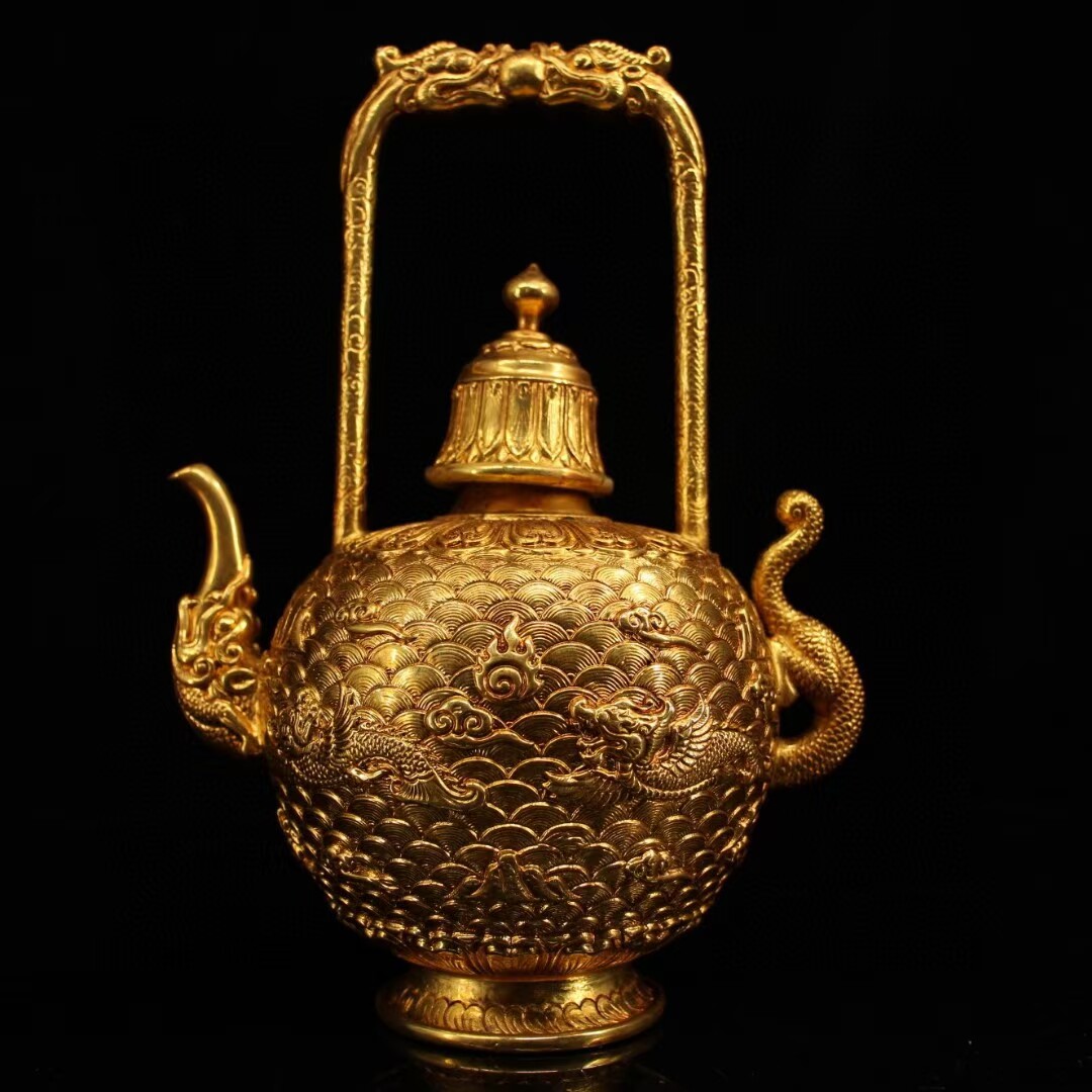 古玩纯铜鎏金宫廷御用双龙戏珠酒壶高提梁铜壶居家乔迁装饰摆设