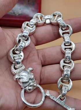 做旧白铜镀银苗族银手工雕刻925银狗头银链手链男女霸气银饰手镯
