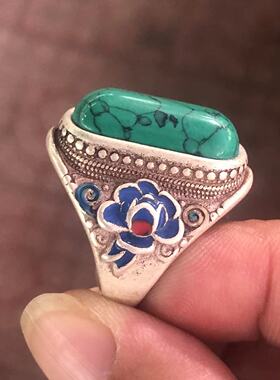 古玩杂项藏银景泰蓝镶嵌绿松石戒指 复古做旧可调节男女款戒指
