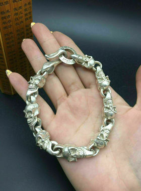 做旧白铜手工铸造苗银手链男人手镯个性嘻哈风民族风骷髅头银饰