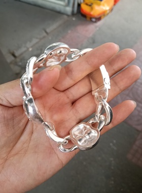 骷颅头手链精工霸气潮流苗银饰品白铜镀银手镯