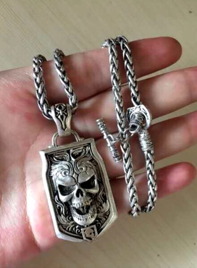 做旧白铜镀银男士骷髅头项链潮流嘻哈颈链生日礼物925银