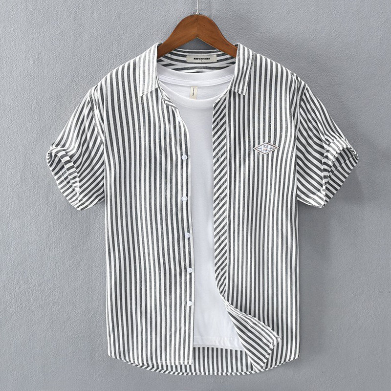 코튼 스트라이프 얇은 셔츠 남성 반팔 여름 올 매치 캐주얼 일본 옷깃 무철 주름 방지 가디건