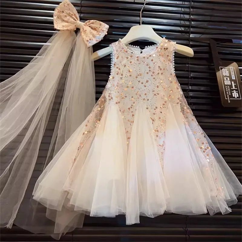 洋气2025夏季韩版新款女童珠片无袖连衣裙女孩潮流亮片网纱公主裙