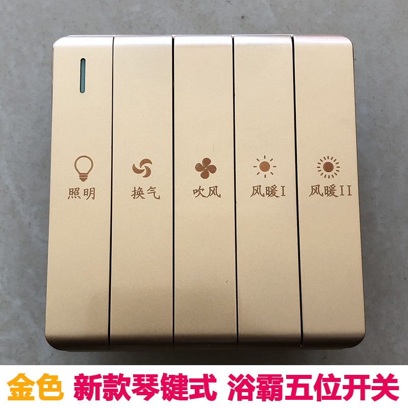 新款琴键式 防水防潮 五开通用双机风暖浴霸专用开关16A金色包邮