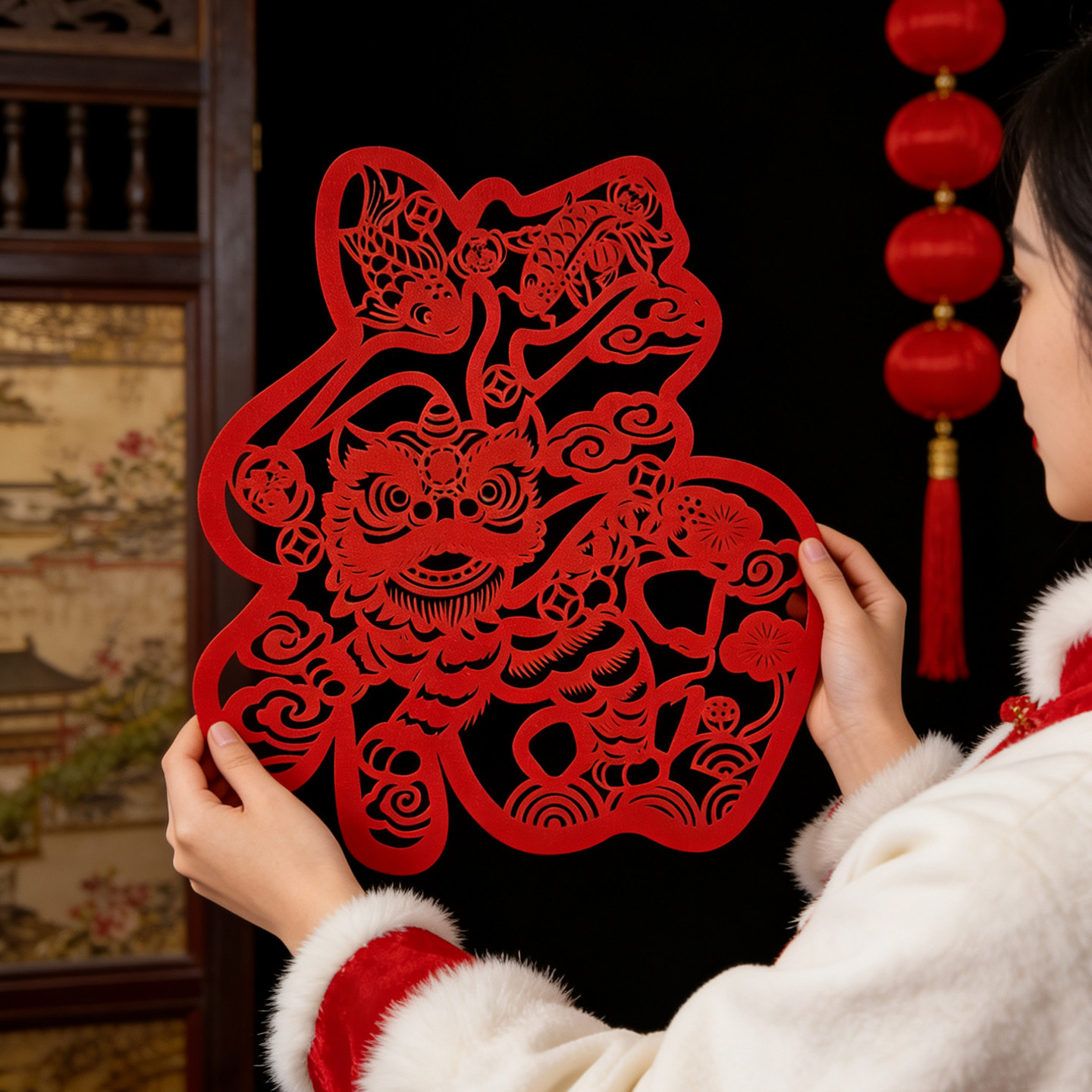 春节新中式舞狮红色镂空窗花乔迁福字墙贴新年传统装饰工艺品门贴,节庆用品/礼品,喜字/剪纸/贴纸,淘宝优惠券,粉丝福利购,淘宝优惠卷