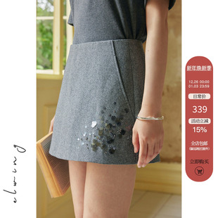 设计感裙裤 Elwing原创 女秋夏短裤 短裤 灰色重工立体手工钉珠西装