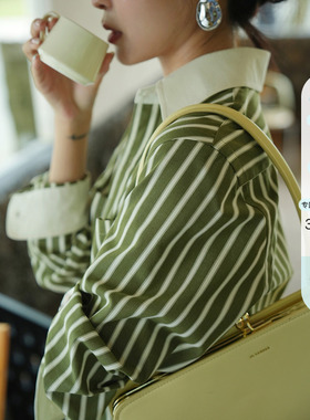Elwing原创全棉碳磨撞色条纹衬衫女春设计感宽松慵懒廓形长袖衬衣