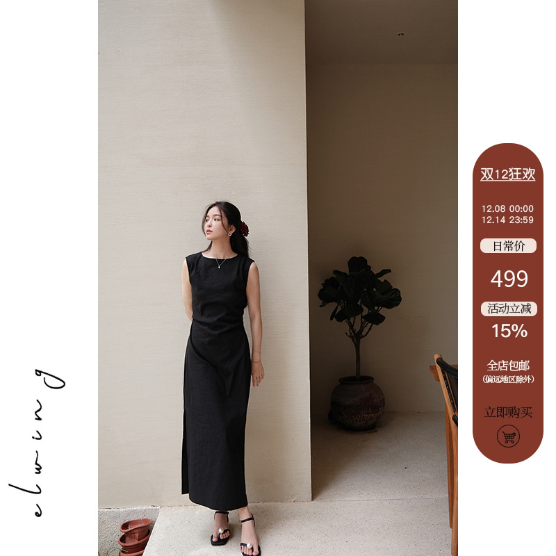 黑色法式无袖A字开叉连衣裙