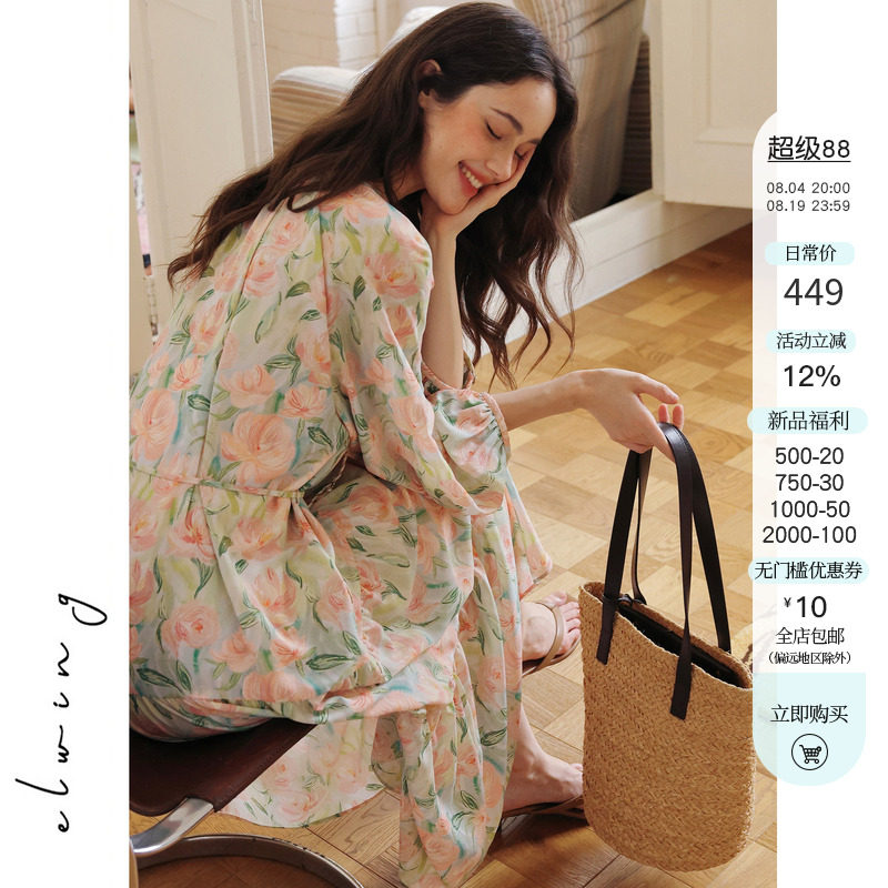 Elwing法式花卉流苏收腰连衣裙