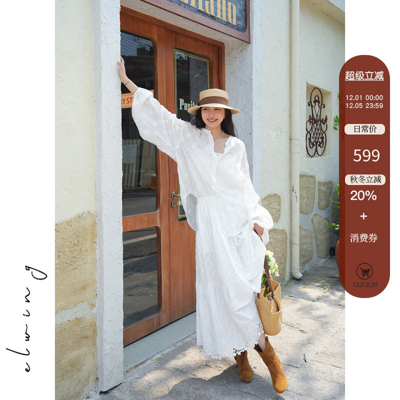 法式蕾丝拼接重工刺绣纯棉半裙