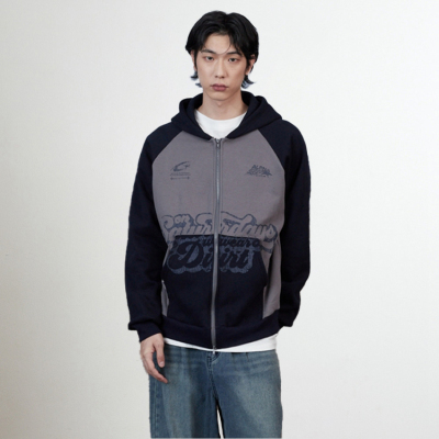 KFTV美式复古风字母印花男潮牌撞色拼接休闲连帽双拉链卫衣外套潮